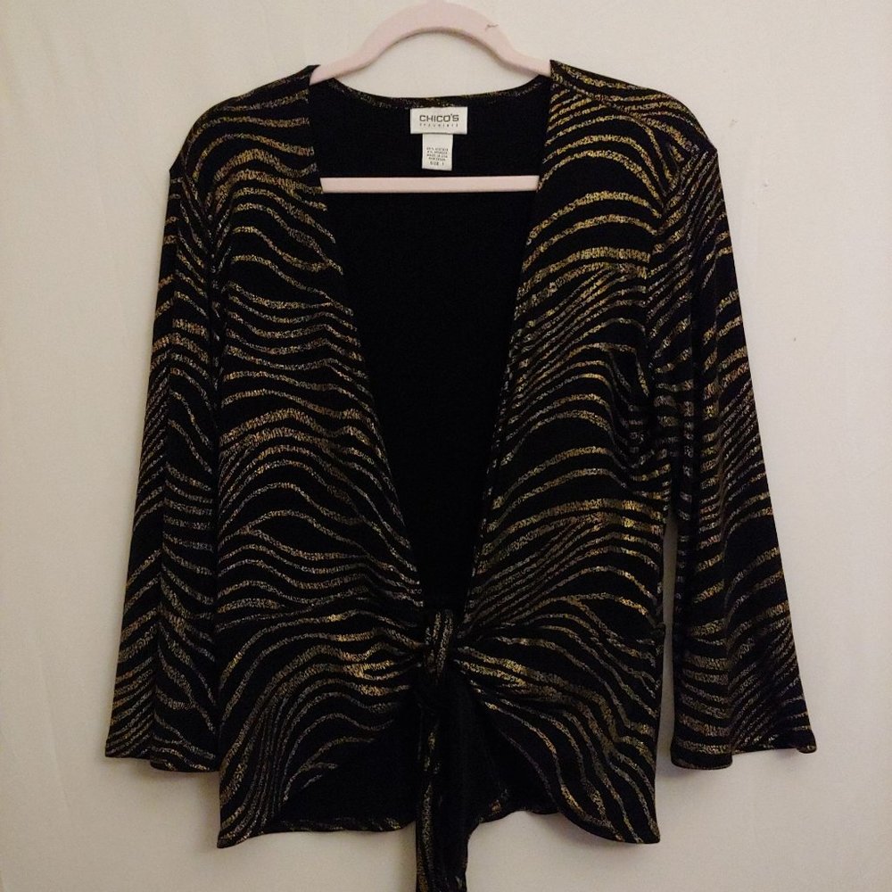 Chico's Leopard Metallic long sleeve slinky knit tie front jacket chicos size 1